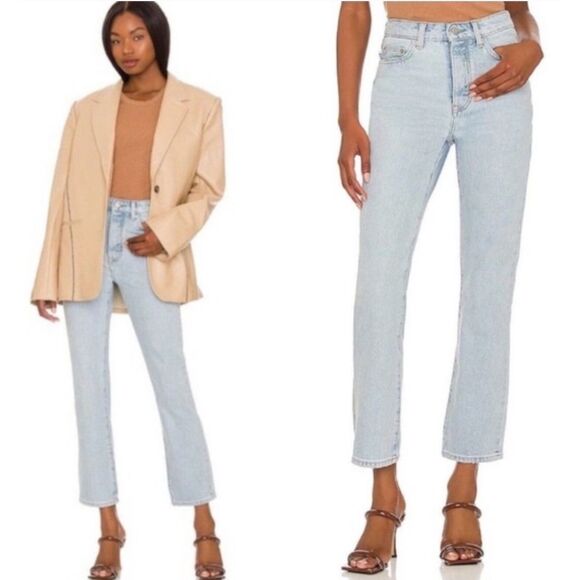 Lovers + Friends Reece High‑Rise Slim Straight Palms Jeans Light Wash Denim 28 - Picture 2 of 13